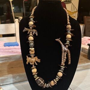 Vintage African Safari  Hand Carved Wooden Animal Necklace